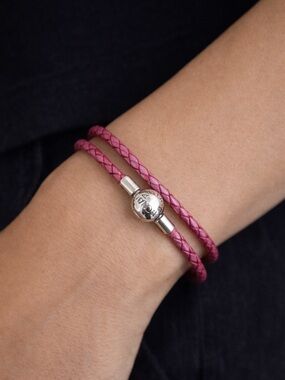 Pandora Pink Double Wrap Leather Charm Bracelet Round Sterling Silver Clasp